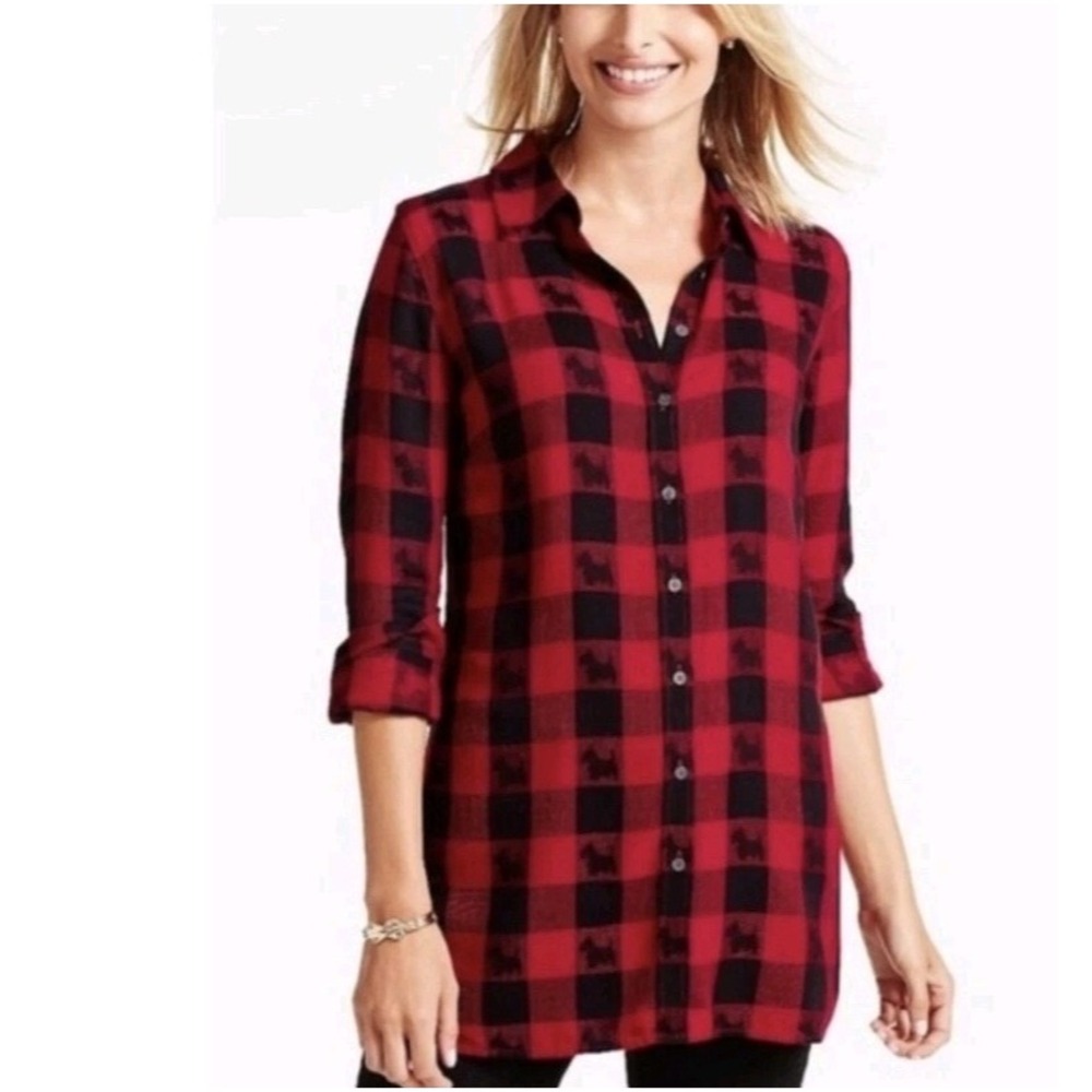 Talbots Womens PM Scotty Dog Buffalo Plaid Holiday Christmas Festive Button‎ Up - Picture 3 of 14